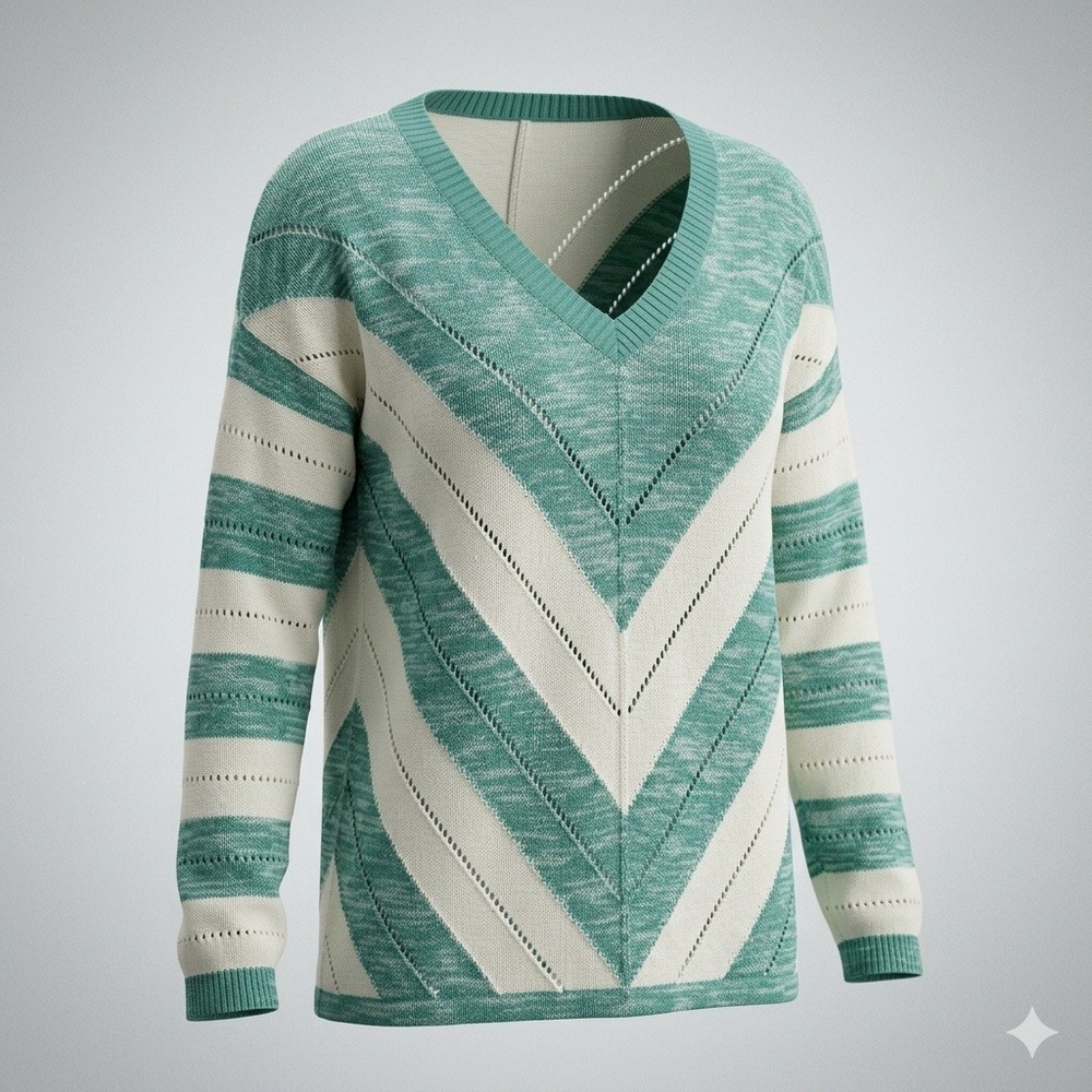 Creation L Chevron V Neck Sweater Teal White Lightweight Knit Size 12